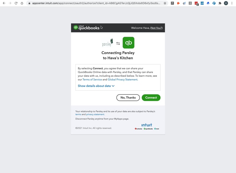 Connecting Parsley to Quickbooks Online Parsley Culinary Software