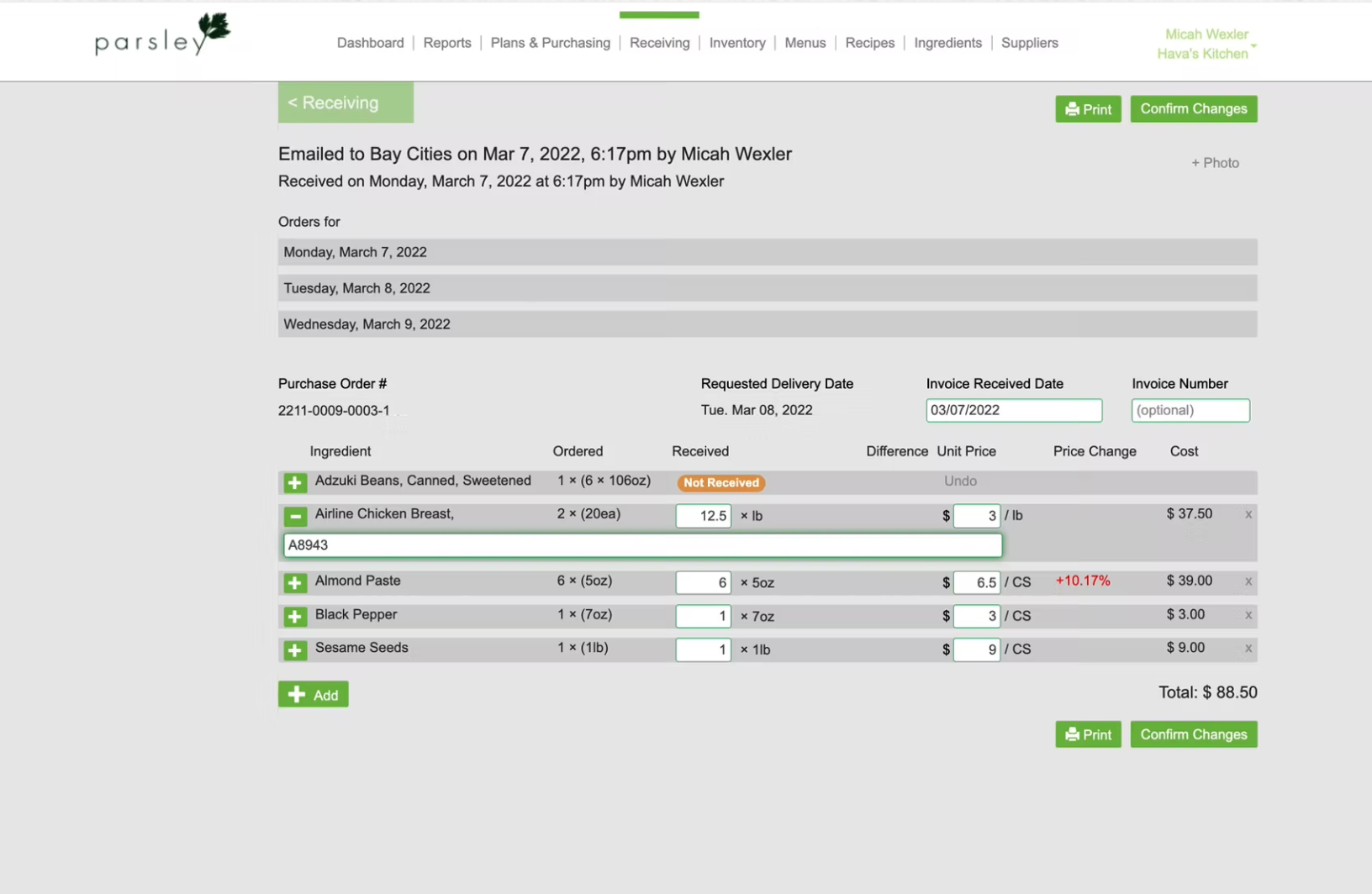 Lot Tracking Parsley Culinary Software for Chefs